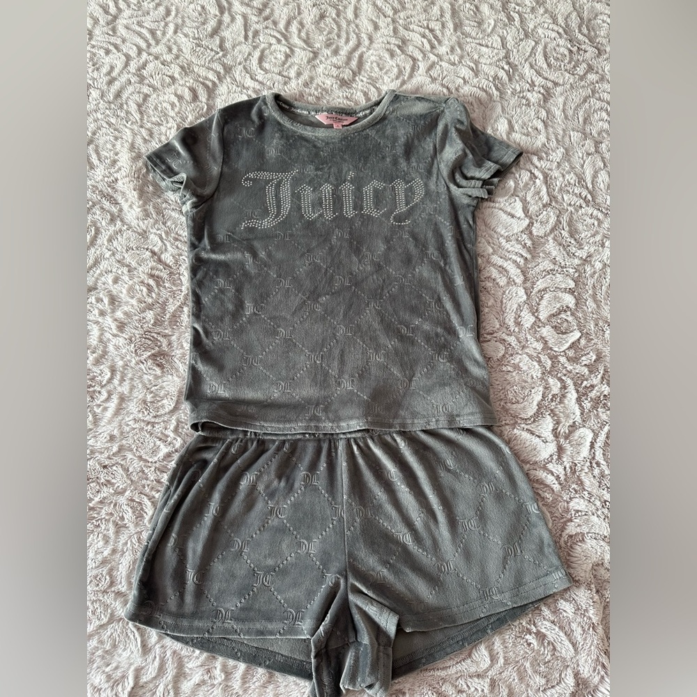 Juicy Couture two-piece velvet fleece pajama set with a rhinestone logo